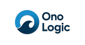 Logo for Ono Logic. A stylized blue wave inside a circular shape is on the left, with the company name Ono Logic in blue text to the right. The background is light gray.