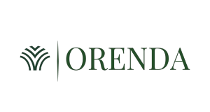 The image shows the word ORENDA in green capital letters, with a green abstract logo of curved lines to the left. The background is light gray.