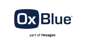 OxBlue logo with Ox inside a dark blue rounded rectangle, followed by Blue in dark blue text. Below, in smaller letters, it says part of Hexagon.