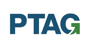 The image shows the letters PTAG in blue. The lower right part of the letter G forms a green upward arrow. The background is light gray.