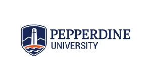 Pepperdine University logo featuring a stylized shield with a lighthouse, waves, and mountains, next to the text Pepperdine University in blue.