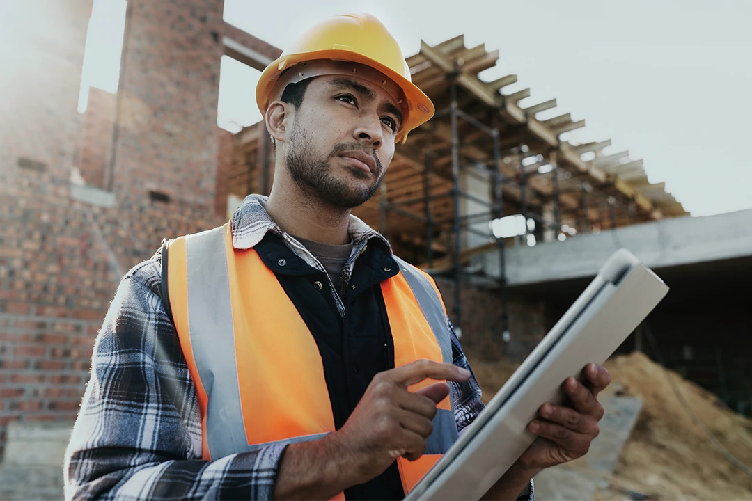 A construction worker in a hard hat and orange vest holds and reviews plans at a building site, with unfinished brick walls and scaffolding in the background.