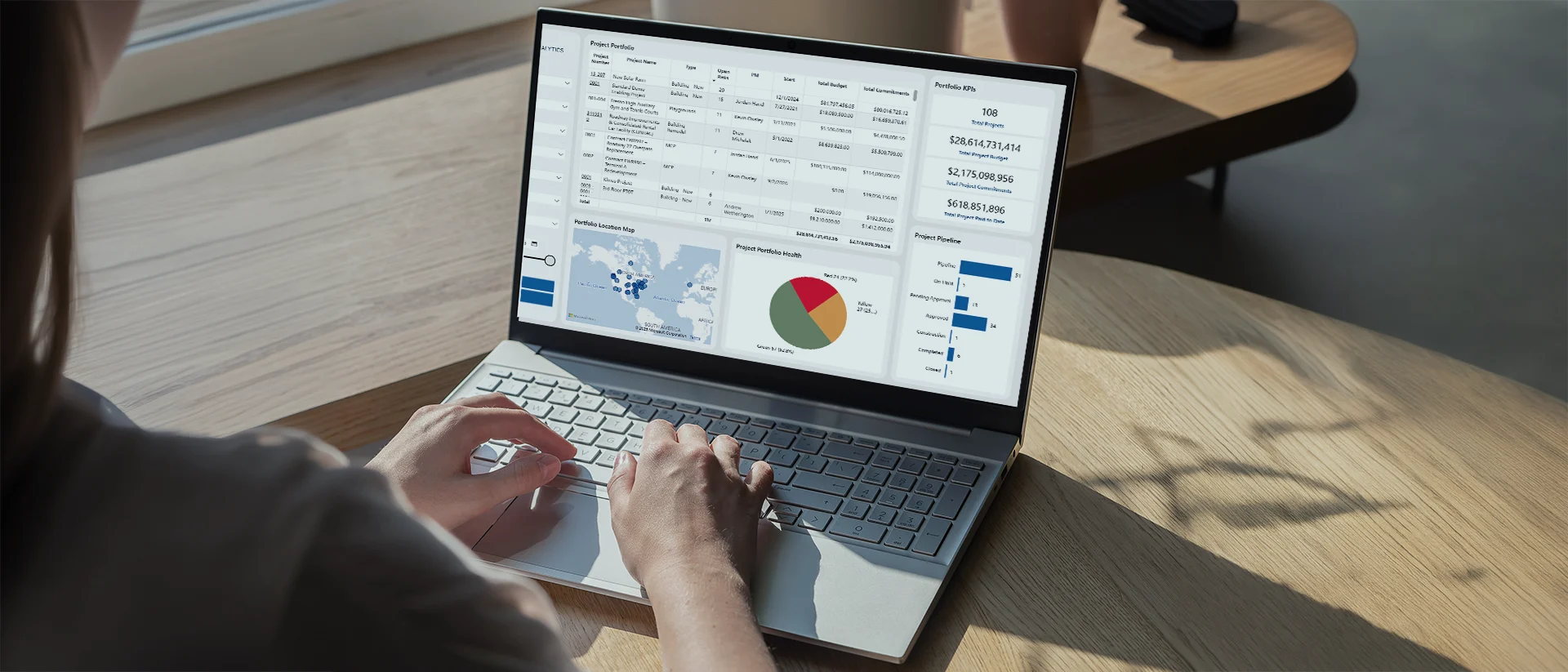 A person uses a laptop displaying data dashboards with charts, graphs, and maps at a wooden table in a sunlit room.