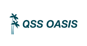 Two stylized palm trees to the left of the text QSS OASIS on a light background.