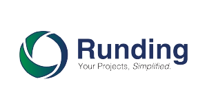 Runding logo with a green and blue circular icon on the left and the text Runding Your Projects, Simplified. on the right, all on a light background.