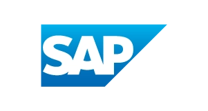 SAP logo featuring bold white letters SAP on a blue, angular background with a sharp right-facing edge, set against a light grey backdrop.