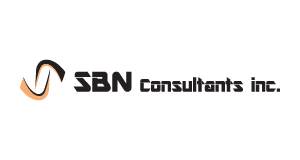 Logo for SBN Consultants Inc. featuring a stylized orange and black S design to the left of the companys name in bold, modern black text on a light background.