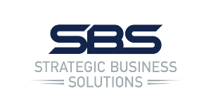 Dark blue SBS letters above Strategic Business Solutions in gray capital letters. Two thin horizontal gray lines are on either side of the lower text, all on a light background.