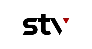 The image shows the lowercase letters stv in bold black font, with a small red triangle to the upper right of the v, on a light gray background.