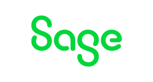 The image shows the word Sage in a modern, rounded green font on a light gray background.