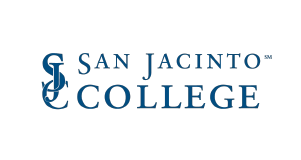 San Jacinto College logo with intertwined blue letters SJC on the left and San Jacinto College written in blue capital letters to the right on a light background.