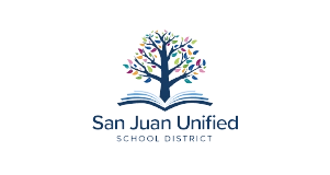 San Juan Unified School District logo featuring a colorful tree growing from the pages of an open book, with San Juan Unified School District written below.