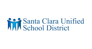 Santa Clara Unified School District logo with three blue abstract human figures holding hands next to the district name in blue text on a light background.