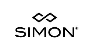 Black geometric diamond-shaped logo above the word SIMON in bold capital letters, all on a light gray background.