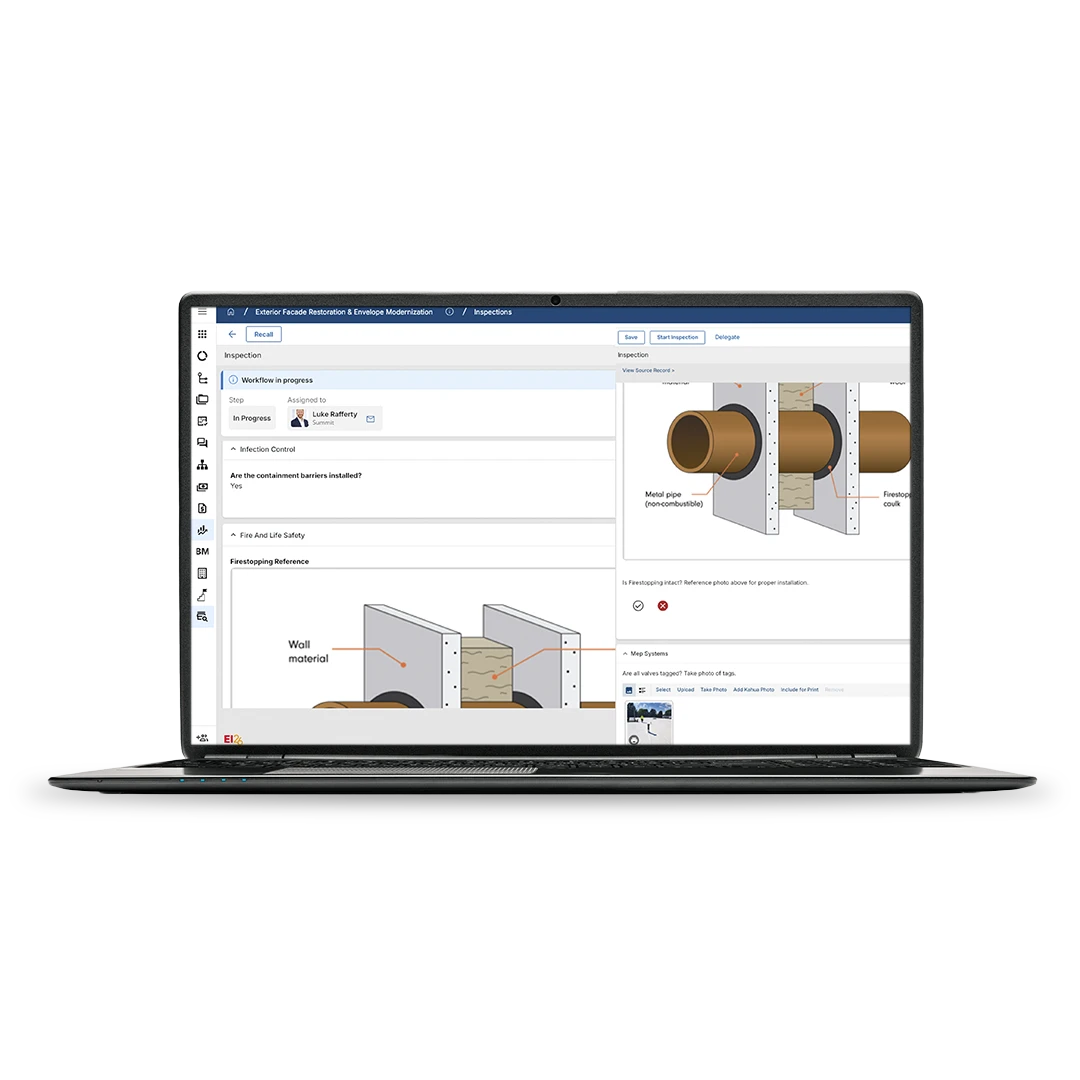 A laptop displays a technical diagram of pipe penetration through a wall, with step-by-step instructions and labeled illustrations on construction or firestop installation software.