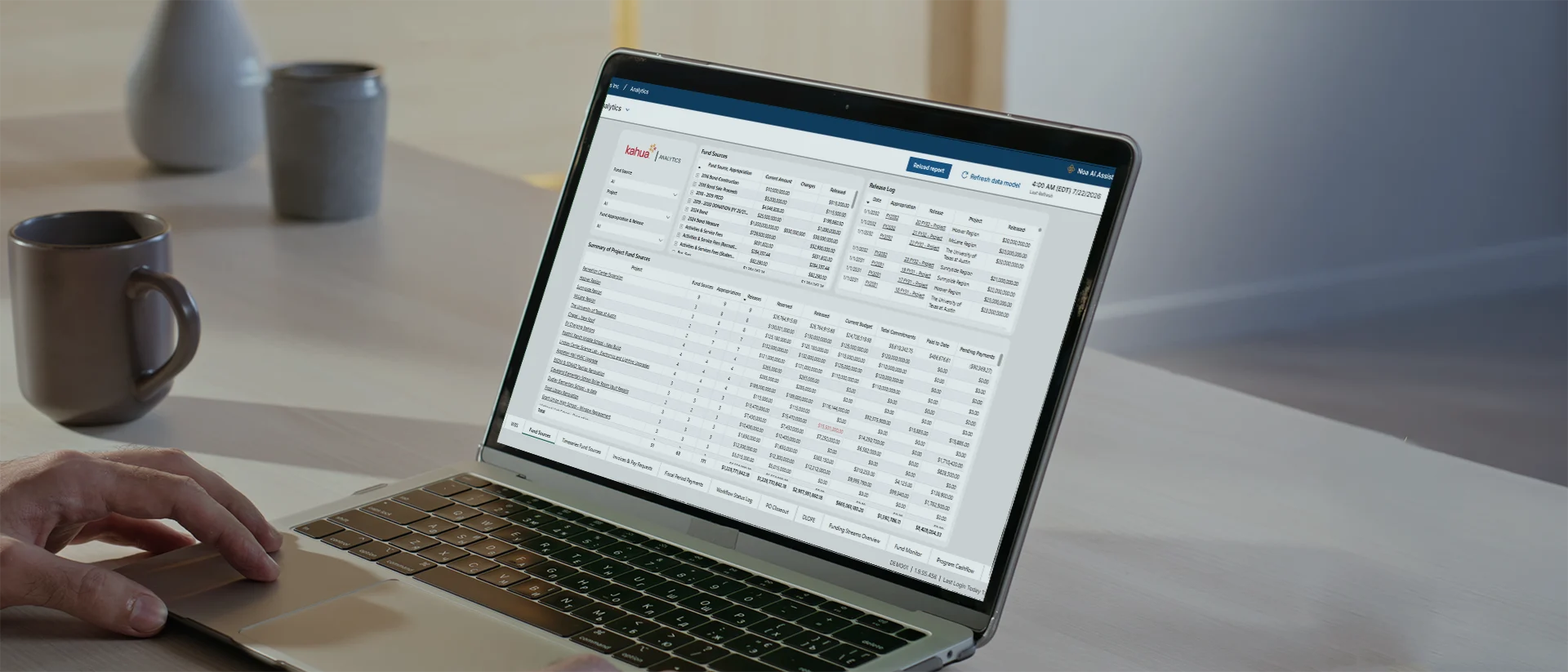 A person uses a laptop displaying a spreadsheet or financial software. A coffee mug sits nearby on the light-colored desk.