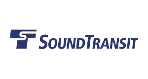 Sound Transit logo featuring a stylized ST next to the words Sound Transit in bold, blue letters on a light gray background.