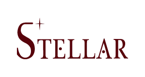 The word Stellar in dark red text, with a star symbol above the letter S. The background is light gray.