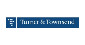 Turner & Townsend logo with white text on a blue background and a geometric symbol made of white squares on the left.
