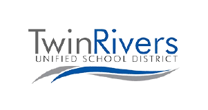 Twin Rivers Unified School District logo with stylized blue and gray waves under the text.