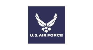 U.S. Air Force logo featuring a stylized white eagle emblem above the words U.S. AIR FORCE on a blue square background.