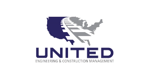 Logo with a map outline of the US, featuring a stylized railroad track running through it. Below, the word UNITED appears, with the text ENGINEERING & CONSTRUCTION MANAGEMENT underneath.