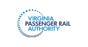 Virginia Passenger Rail Authority logo with blue and dark blue text. A series of blue dots and lines form a semi-circular design on the left side of the text.
