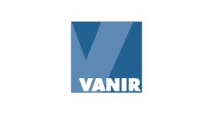 Blue square logo with a large stylized V in two shades of blue above the word VANIR in bold white capital letters. The background is light gray.