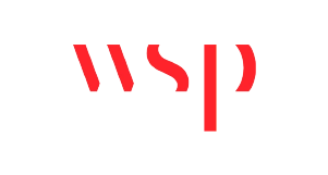 The image shows the WSP logo in red, featuring stylized lowercase letters wsp on a light gray background.
