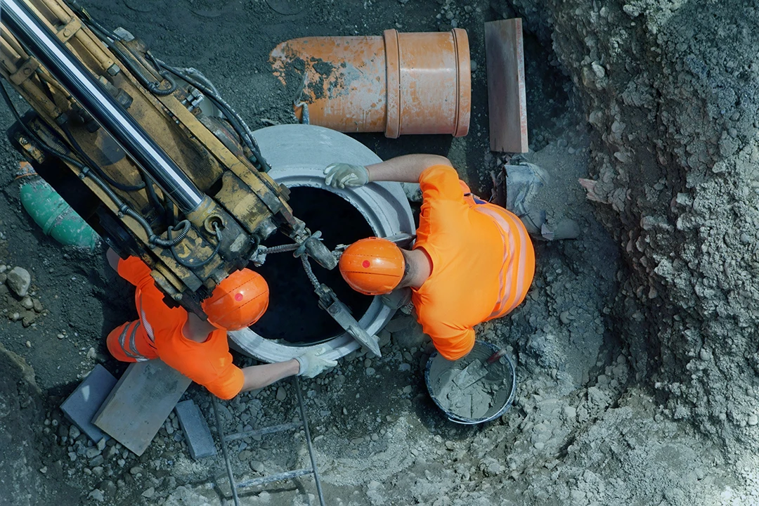Two workers in orange safety gear and helmets install a large concrete pipe at a construction site, using heavy machinery to help position it in the ground.