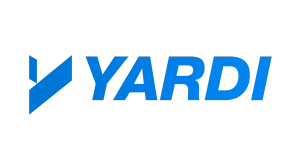 Yardi logo with a blue geometric design on the left and the word YARDI in bold blue letters on a light gray background.