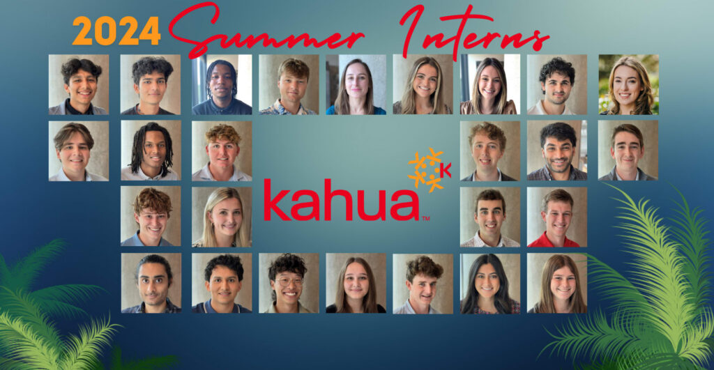 A collage of 24 interns headshots under the title 2024 Summer Interns with the Kahua logo in the center. Blue background with palm leaves in the corners.