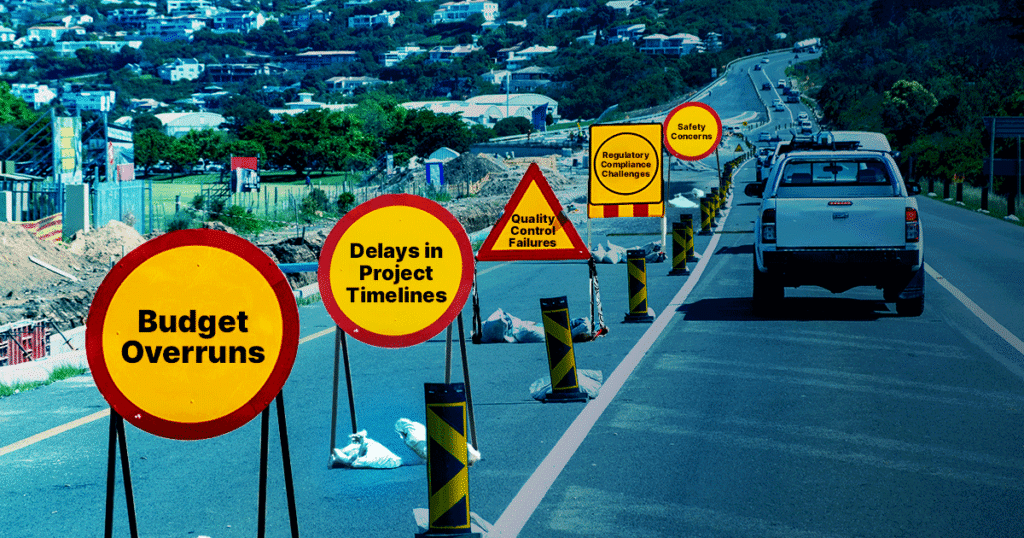 A line of road signs on a highway, each labeled with business challenges like “Budget Overruns,” “Delays in Project Timelines,” “Quality Control Failures,” and “Safety Concerns.” Cars drive past the signs.