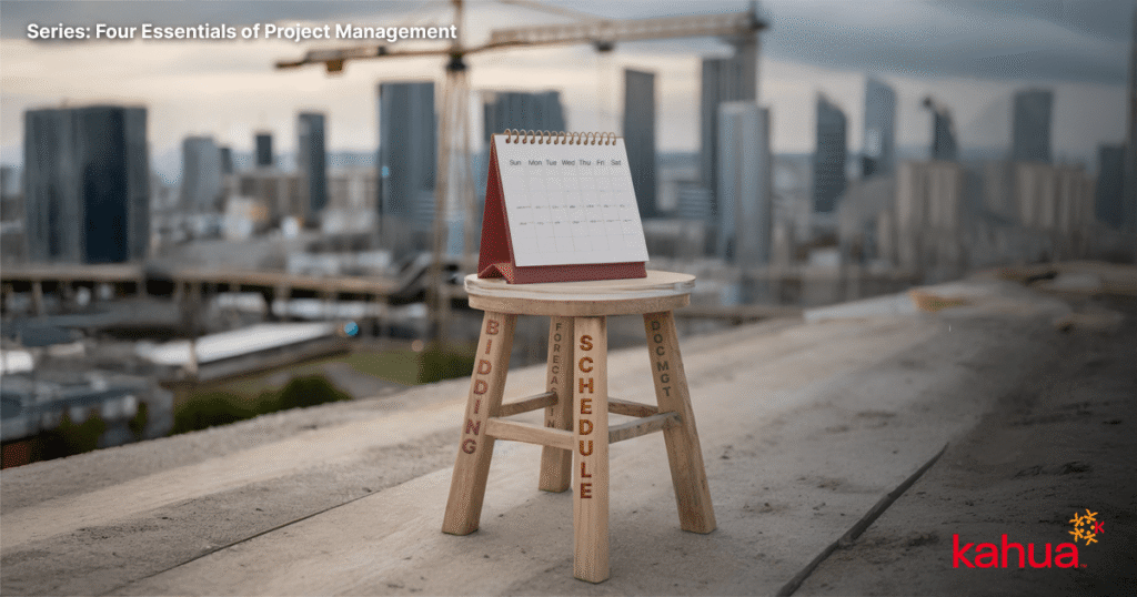 A calendar sits atop a wooden stool labeled Bidding, Schedule, Doc Mgt, and Cost, with a city skyline and cranes in the blurred background. The text reads: Series: Four Essentials of Project Management.