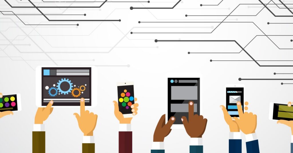 Illustration of diverse hands holding and using various mobile devices and tablets with colorful screens, set against a background of abstract digital circuit lines.