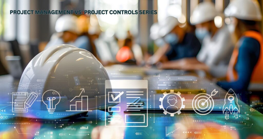 White hard hat in focus on a table with blurred people in safety gear in the background; digital icons and charts overlay the image, relating to project management and controls.