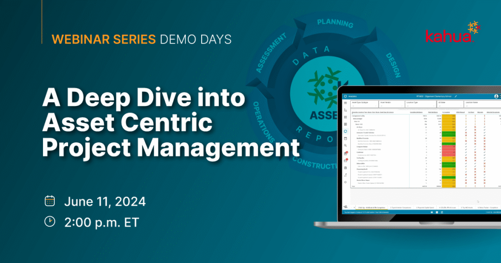 Webinar promo image: A Deep Dive into Asset Centric Project Management with event details, a laptop displaying charts, and a blue background with gears and data-related terms. Hosted by Kahua on June 11, 2024, at 2 p.m. ET.