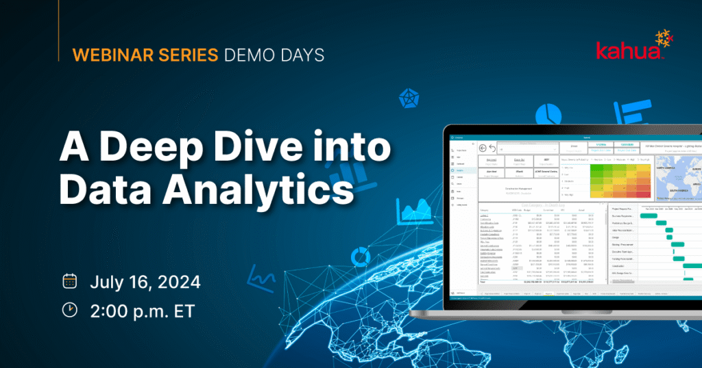 Webinar promo image for A Deep Dive into Data Analytics on July 16, 2024, at 2:00 p.m. ET, with a laptop displaying analytics data and blue tech background.