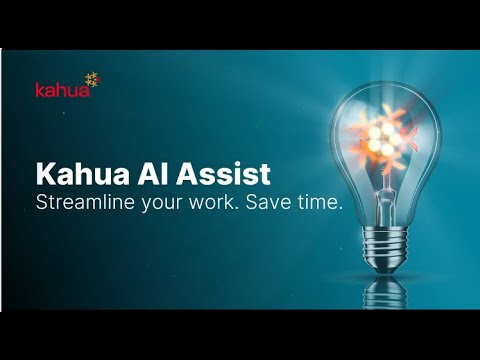 A light bulb glows against a teal background with the text: Kahua AI Assist. Streamline your work. Save time. The red Kahua logo appears in the top left corner.