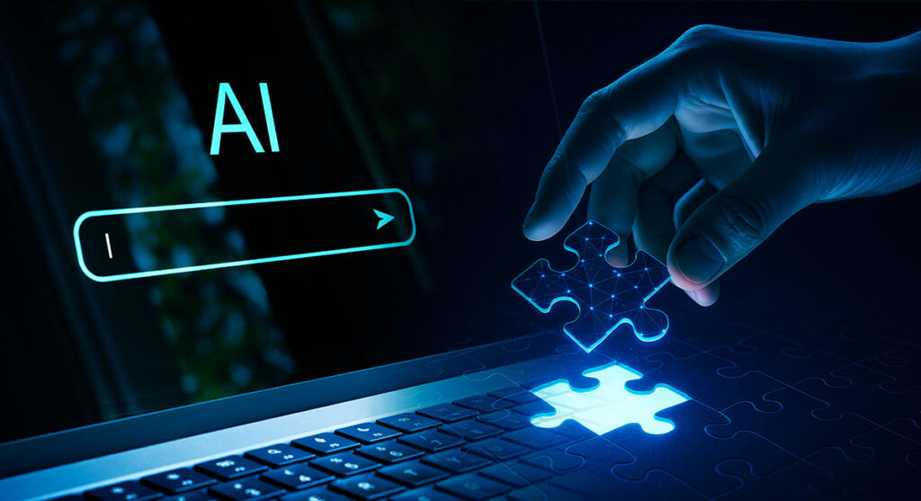 A hand places a glowing puzzle piece over a laptop keyboard, with AI and a search bar displayed holographically above the computer.