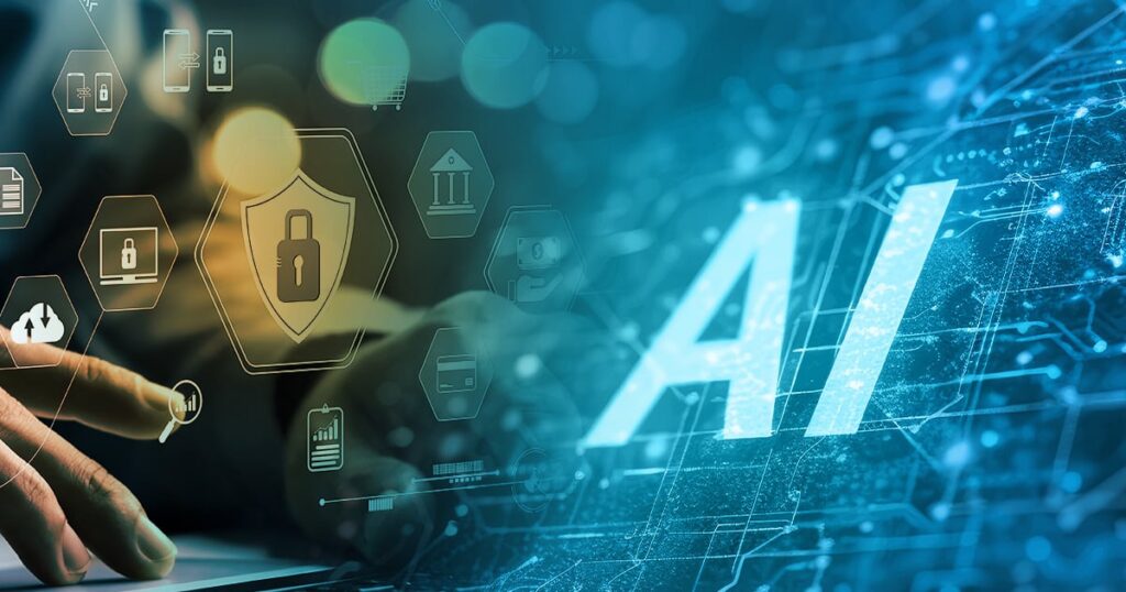 A person types on a keyboard with digital icons for security and technology overlayed, while large letters AI appear on the right, representing artificial intelligence and cybersecurity.