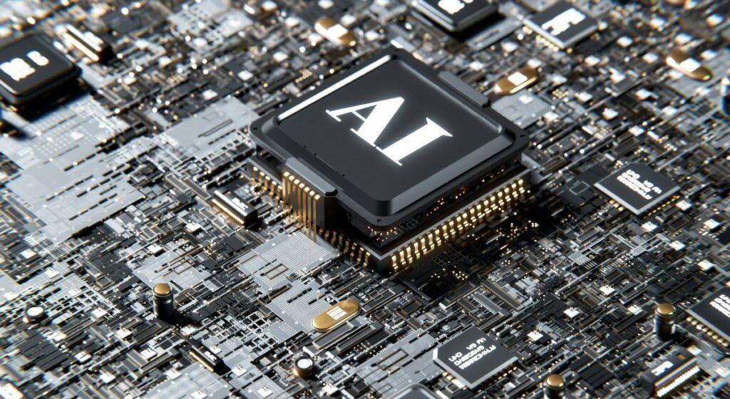A close-up of a computer circuit board features a central black microchip labeled AI, surrounded by various smaller electronic components and connectors.