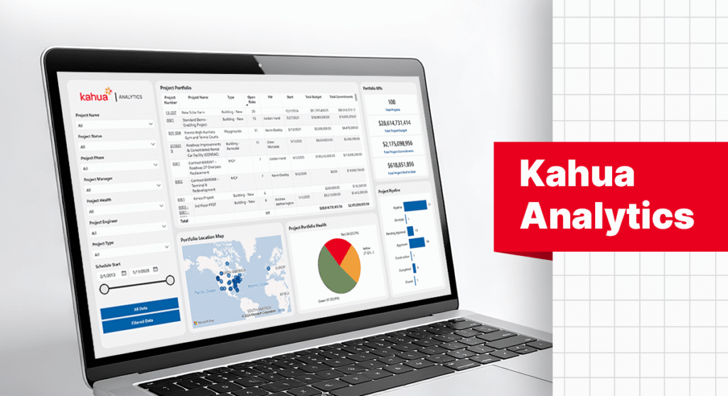 A laptop displays a Kahua Analytics dashboard with charts, maps, and data tables. Next to it, a red box on a white grid background shows the text “Kahua Analytics” in bold white letters.