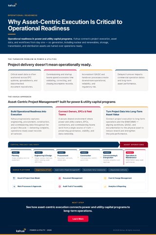 A webpage titled Why Asset-Centric Execution Is Critical to Operational Readiness, outlining project management strategies and benefits for power and utility capital programs, with text boxes, icons, and a workflow diagram.