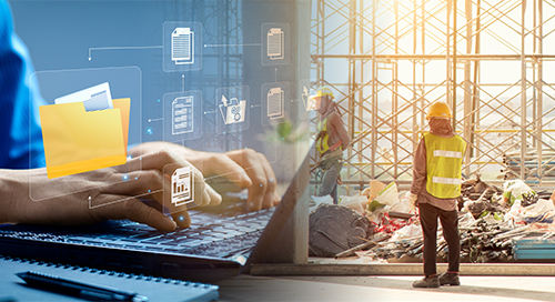 A person types on a laptop with digital folder icons, blending into a construction site where workers in safety vests and helmets stand amid scaffolding and building materials.