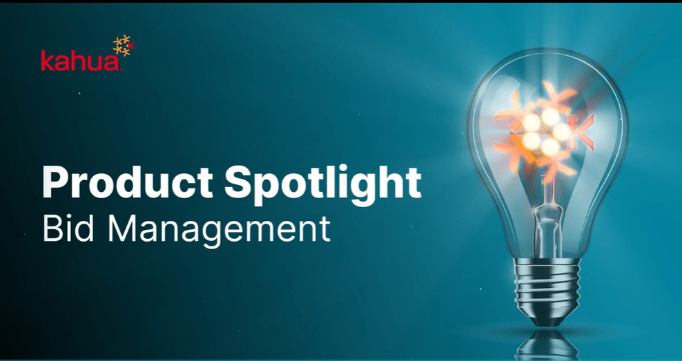 A lightbulb with glowing gears inside sits beside the text Product Spotlight Bid Management and the kahua logo on a blue background.