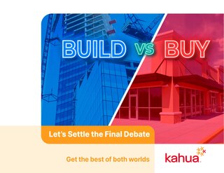 Split image with a blue-toned skyscraper labeled BUILD and a red-toned retail building labeled BUY. Text reads Lets Settle the Final Debate. Get the best of both worlds. Kahua logo is present.