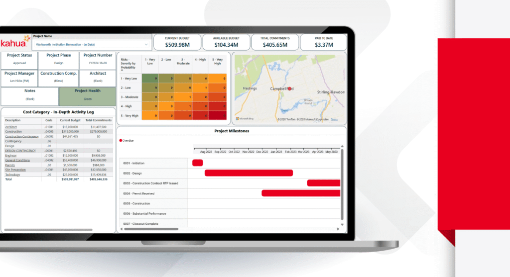 A laptop screen displays a project management dashboard with charts, a map, a cost table, project milestones, and status indicators. The Kahua logo is in the top left corner. A red geometric shape is on the right.