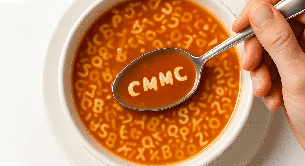 A hand holds a spoon with alphabet soup. The pasta letters on the spoon spell CMMC above a bowl filled with random alphabet pasta letters in tomato soup.