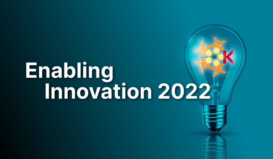 A glowing lightbulb with gears inside and the text Enabling Innovation 2022 on a blue gradient background.